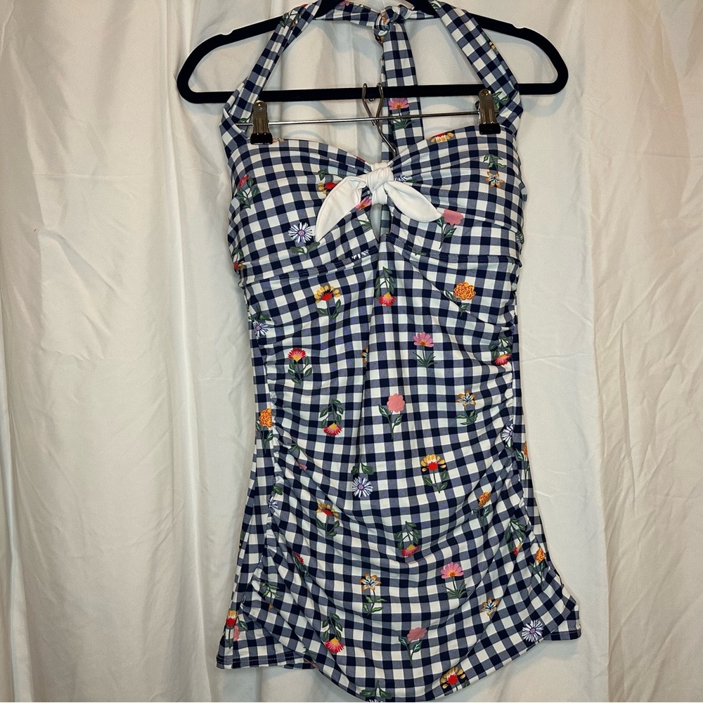 Unique Vintage Blue Gingham Floral One Piece